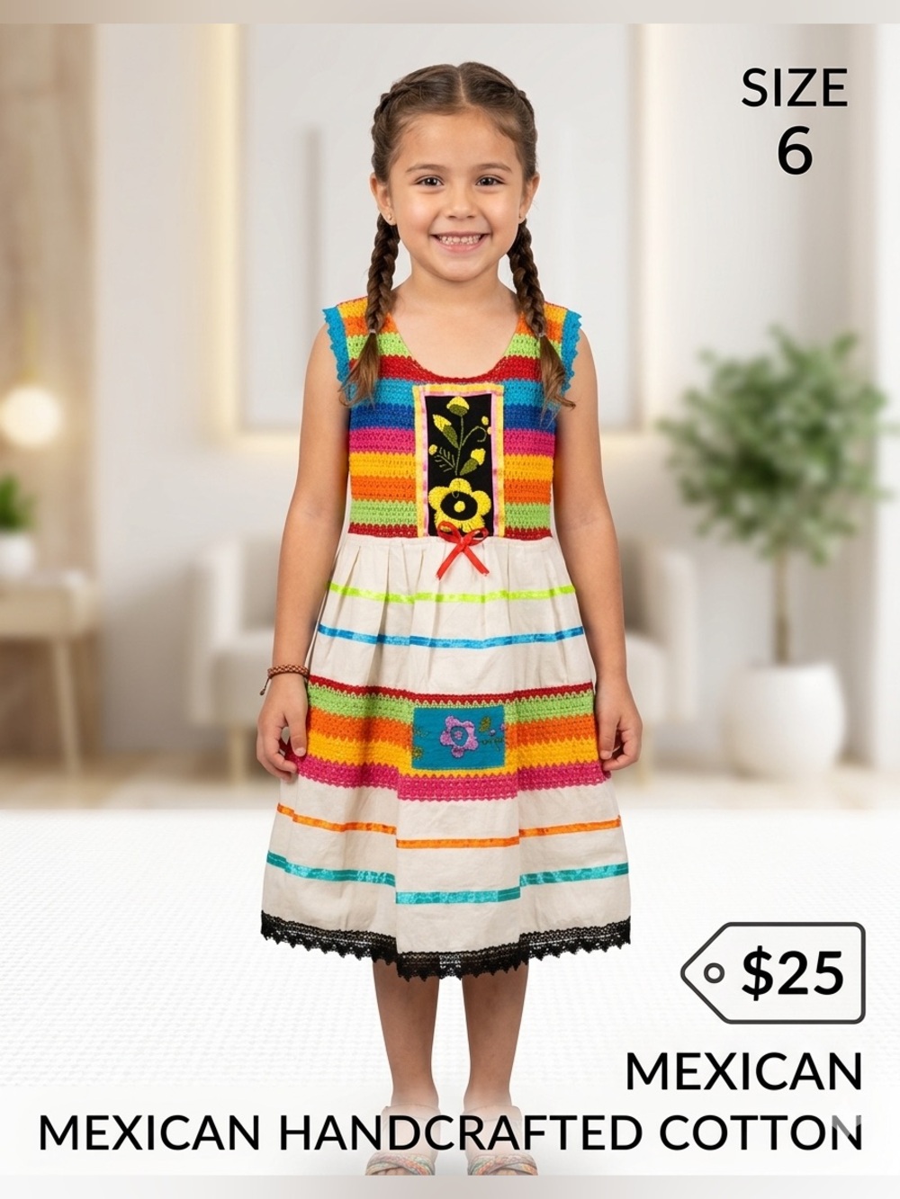 Hand Crafted Multicolor Rainbow Stripe Girls Dress size 6